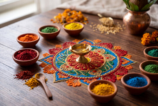 Traditional decorations like mandalas and colored powders arranged on a table with natural lighting and soft background blur for a photorealistic stock photo
