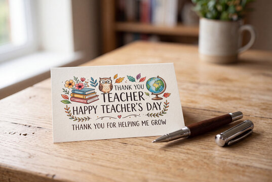 Thank you teacher happy day greeting card on wooden table for teacher's day gratitude message background for banner and social media design
