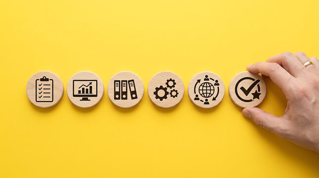 Hand holding wooden circle with check mark icon for business process management