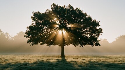 Obraz premium Solitary tree silhouetted against sunrise in misty meadow