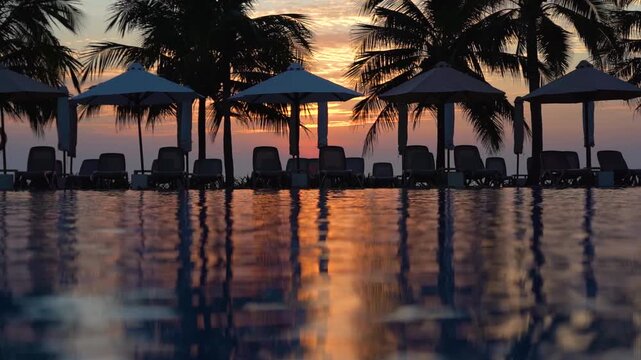 Tranquil Sunset Reflections by the Poolside: A Serene Evening Scene Surrounded by Palm Trees and Relaxing Lounge Chairs under the Soft Glow of Dusk