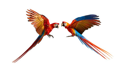 Two vibrant scarlet macaws with outstretched wings facing each other in flight © Isadora