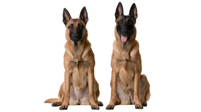 Two alert Belgian Malinois shepherd dogs sitting side by side