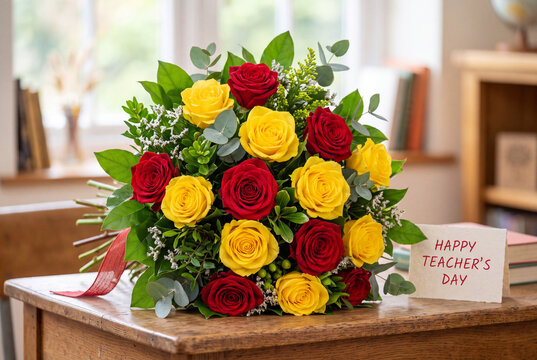 Bouquet of red and yellow roses arranged on wooden desk with happy teacher's day card for teacher appreciation gift and classroom decoration background