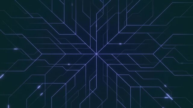 Abstract futuristic digital circuit board pattern with glowing blue lines radiating from center