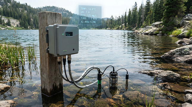 Advanced water quality monitoring system deployed in a pristine mountain lake, actively collecting vital environmental data for ecological research and conservation efforts