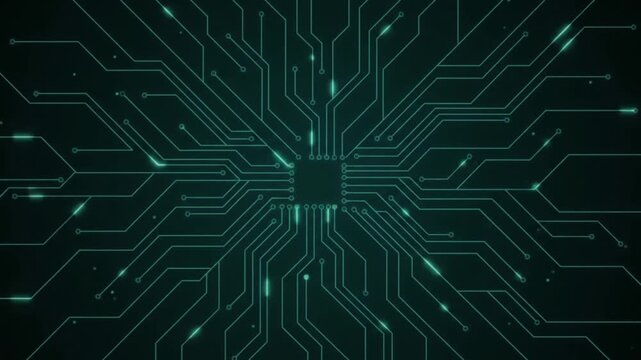 Abstract futuristic microchip circuit board background with glowing neon digital tracks and connections