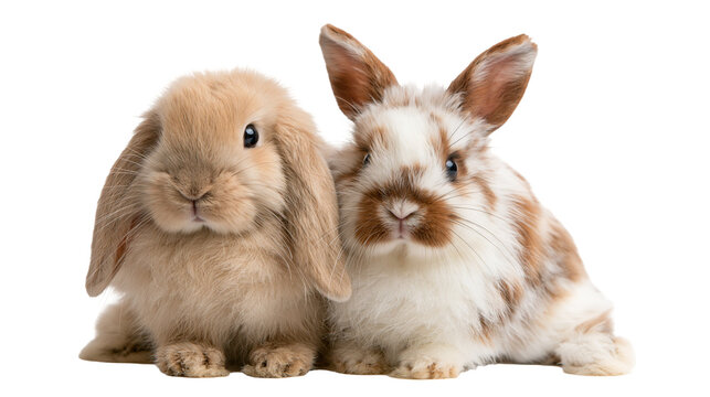 Two fluffy baby rabbits sitting together with brown and white fur