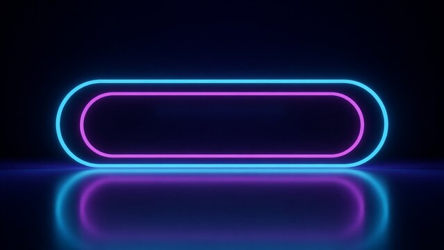 Illuminated elongated rectangle with a reflective surface is set against a dark backdrop neon
