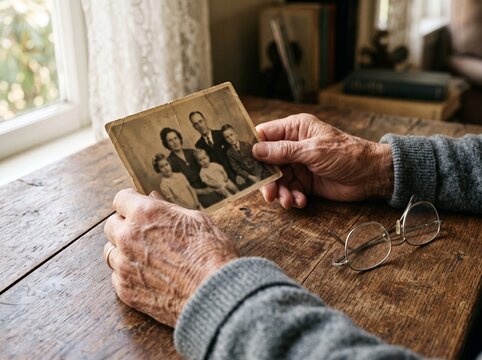 Elderly person holds a worn, sepia family photograph, reminiscing at a rustic wooden table near a sunlit window