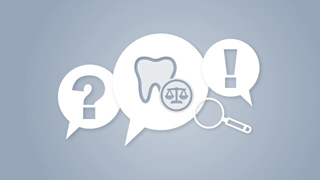 Graphic illustration depicting dental law concepts featuring speech bubbles with question mark, tooth icon with scales of justice, exclamation mark, and magnifying glass.