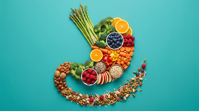 Healthy food arranged in the shape of a human stomach on a blue background