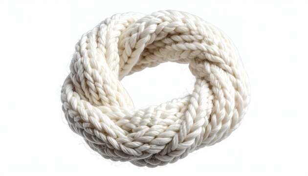 White thick braided nautical rope tied in a circle knot isolated on plain white background