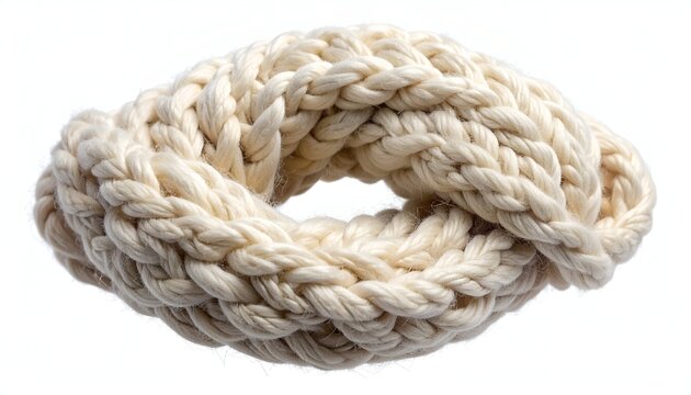 Macro photography of thick braided white cotton rope knot isolated on clean white background