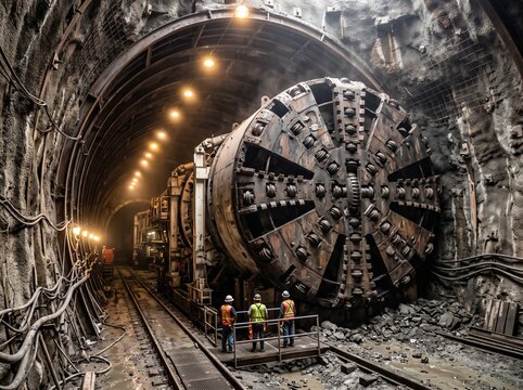 Three male construction workers observing a massive tunnel boring machine during an underground engineering project