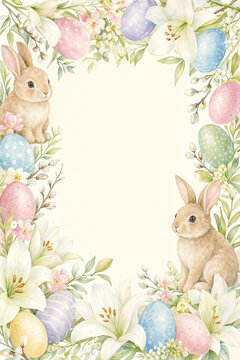 Easter border with pastel eggs, bunnies, lilies and spring leaves