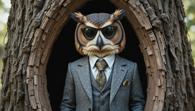 Owl with sunglasses and suit at the entrance to a tree hole.