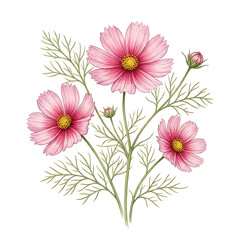 Obraz premium Pink Cosmos Flowers with Fern-like Foliage on White Background pink flower floral