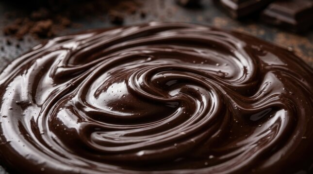Close-up of swirling melted dark chocolate with glossy texture