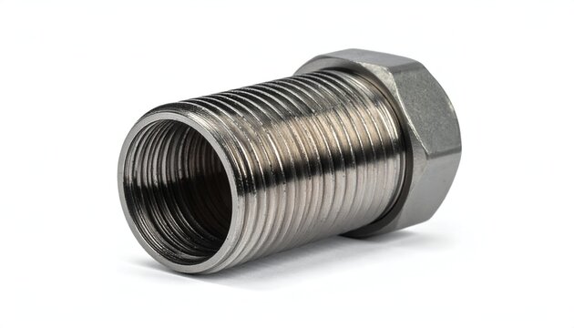 Industrial metal hex bushing threaded adapter macro studio shot isolated on white background