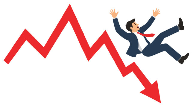 Businessman in suit falling alongside jagged red declining arrow graph symbolizing market crash, financial loss, stock downturn and economic failure on white background vector illustration
