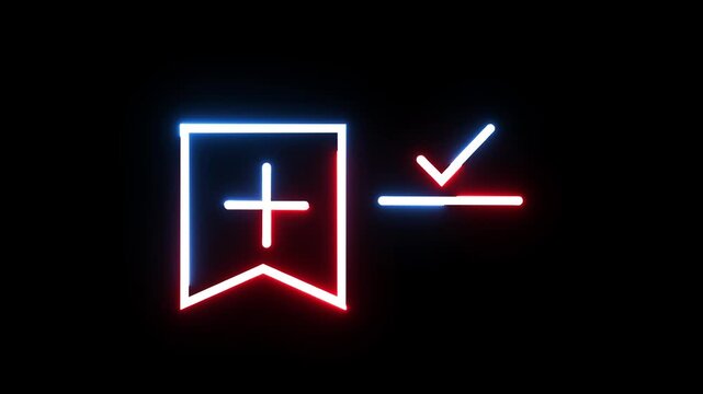 Neon bookmark plus and check mark icon glowing in red and blue animation on black background