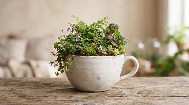 Surreal Coffee Cup Transformed into a Tiny Indoor Garden