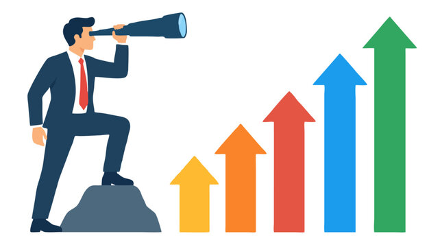 Businessman with telescope looking at colorful rising arrows symbolizing business growth, market prediction, financial success and future opportunity in bold flat vector style concept illustration