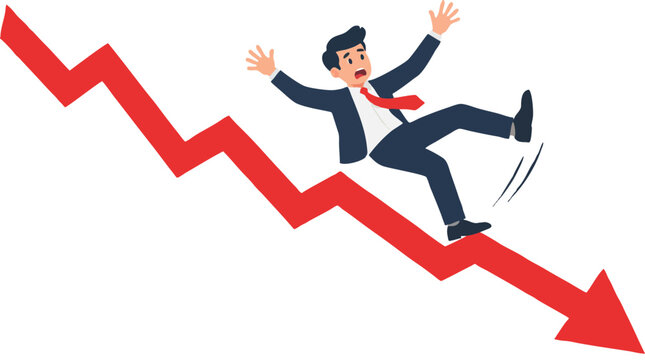 Cartoon businessman in dark suit slipping and falling on a plunging red stock market arrow graph symbolizing financial crisis, business failure, market crash and economic loss on white background