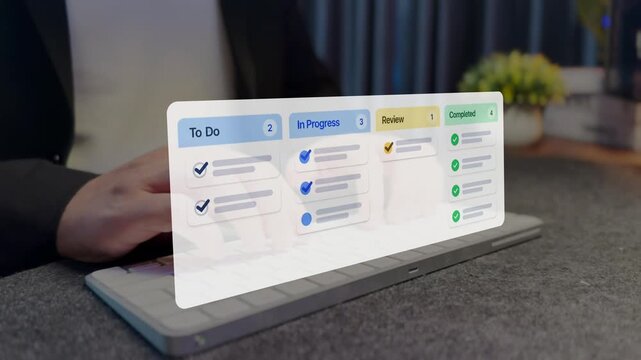 Digital task management interface with completed checklist items and verification marks. organization, productivity, project tracking and operational success.