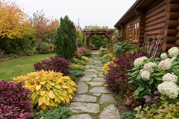 Obraz premium The Stone Path Through a Colorful Cottage Garden with Hydrangeas