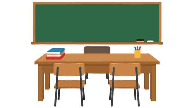 Flat vector illustration of empty classroom with wooden study table, stack of books, pencil cup and green chalkboard on the wall - professional high resolution detailed commercial stock imagery with