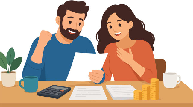 Happy smiling couple reviewing financial documents together at kitchen table with calculator, papers and gold coin stacks, feeling relieved and celebrating budget success at home joyfully