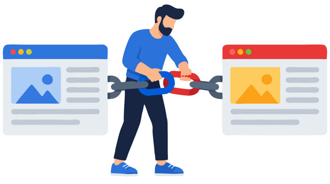 Vector illustration of a digital marketer connecting two browser windows with metal chain links symbolizing SEO backlink building, website linking strategy and online partnership growth concept