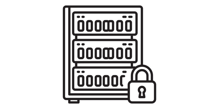 Secure server rack with padlock vector icon