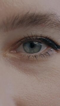 Close-up portrait of beautiful female eyes looking at camera with no emotion. Human body part and vision concept.