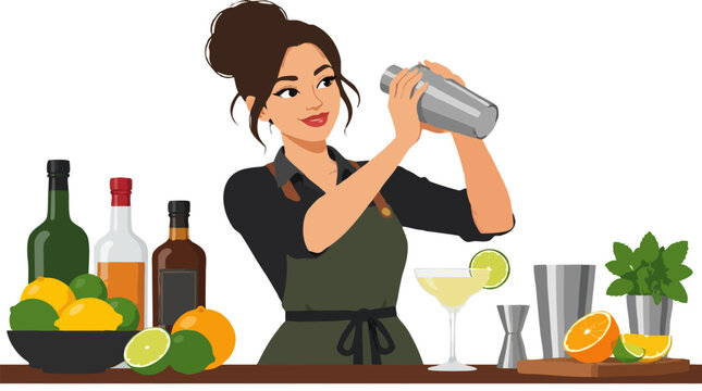 Cheerful female bartender in apron shaking a silver cocktail shaker behind bar with bottles, lemons, limes, margarita glass, jigger and fresh mint in bold flat vector illustration style