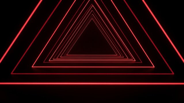 Concentric triangular shapes illuminated with red neon lines create a futuristic tunnel effect triangles