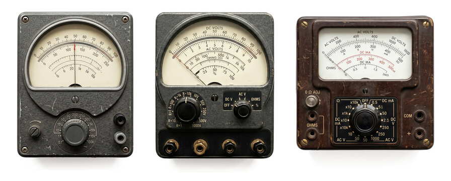 A set of three vintage analog measuring devices and multimeters 