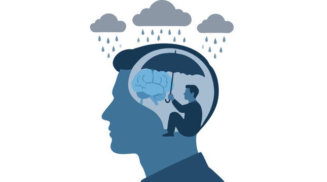 Side profile silhouette of human head with inner self holding umbrella over brain shielding rain clouds symbolizing mental health protection resilience against depression anxiety stress
