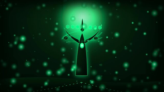 Abstract glowing green cosmic entity surrounded by symbols with energy, and digital space.