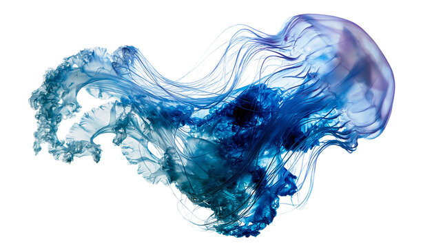 Translucent blue jellyfish with long flowing tentacles and bell shaped body