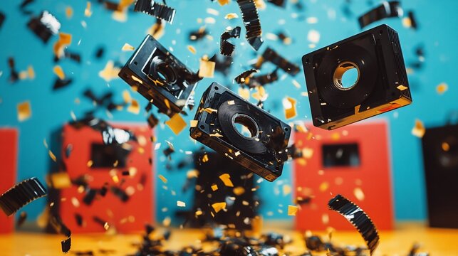Exploding VHS tapes against vibrant backdrop