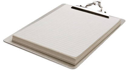 Clipboard with stack of lined white paper sheets and metal clip © Lyra