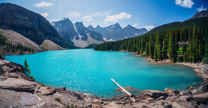 Turquoise water of Moraine Lake below the Valley of the Ten Peaks, Banff National Park, Alberta, Canada