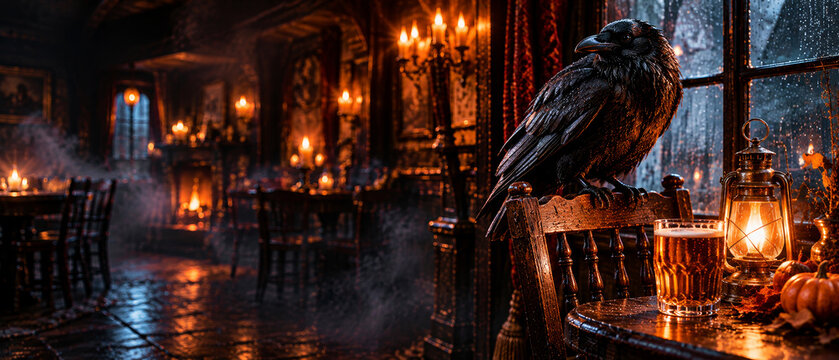 Black raven perched on chair beside beer and pumpkins inside an English pub. Halloween pub scene. Autumn holiday and seasonal decoration. Seasonal celebration and spooky decor concept.