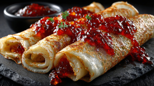 Delicious thin crepes rolled and topped with fresh red salmon caviar on a dark stone plate