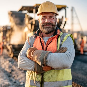 Construction worker standing with arms crossed at construction site