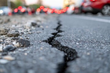 Obraz premium The Cracked Asphalt Road At Dusk With Blurred City Traffic