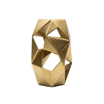 Golden geometric sculpture vase with faceted polygons on transparent background